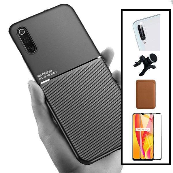 Kit Capa Magnetic Lux + Magnetic Wallet Castanho + 5D Full Cover + Película de Câmara Traseira + Suporte Magnético de Carro Reforçado para Samsung Galaxy A50
