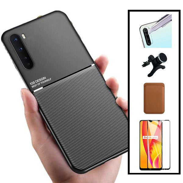 Kit Capa Magnetic Lux + Magnetic Wallet Castanho + 5D Full Cover + Película de Câmara Traseira + Suporte Magnético de Carro Reforçado para Oppo Reno3