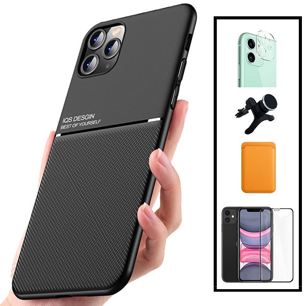 Kit Capa Magnetic Lux + Magnetic Wallet Laranja + 5D Full Cover + Película de Câmara Traseira + Suporte Magnético de Carro Reforçado para Apple iPhone 11 Pro