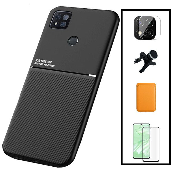 Kit Capa Magnetic Lux + Magnetic Wallet Laranja + 5D Full Cover + Película de Câmara Traseira + Suporte Magnético de Carro Reforçado para Xiaomi Poco C31