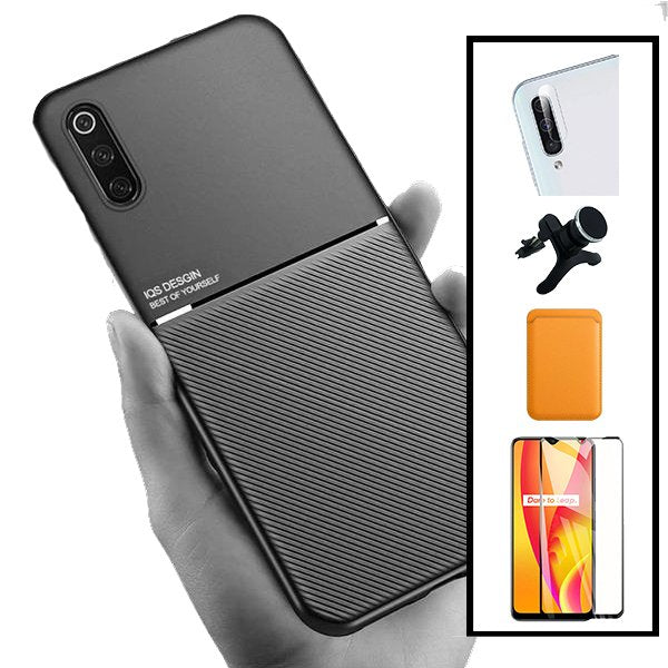 Kit Capa Magnetic Lux + Magnetic Wallet Laranja + 5D Full Cover + Película de Câmara Traseira + Suporte Magnético de Carro Reforçado para Samsung Galaxy A30s