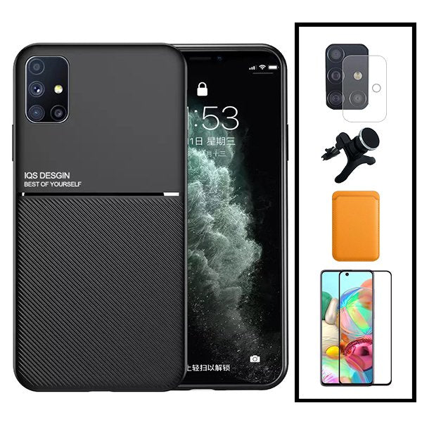 Kit Capa Magnetic Lux + Magnetic Wallet Laranja + 5D Full Cover + Película de Câmara Traseira + Suporte Magnético de Carro Reforçado para Samsung Galaxy M51