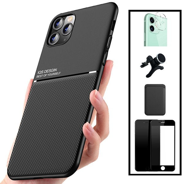 Kit Capa Magnetic Lux + Magnetic Wallet Preto + 5D Full Cover + Película de Câmara Traseira + Suporte Magnético de Carro Reforçado para Apple iPhone 12