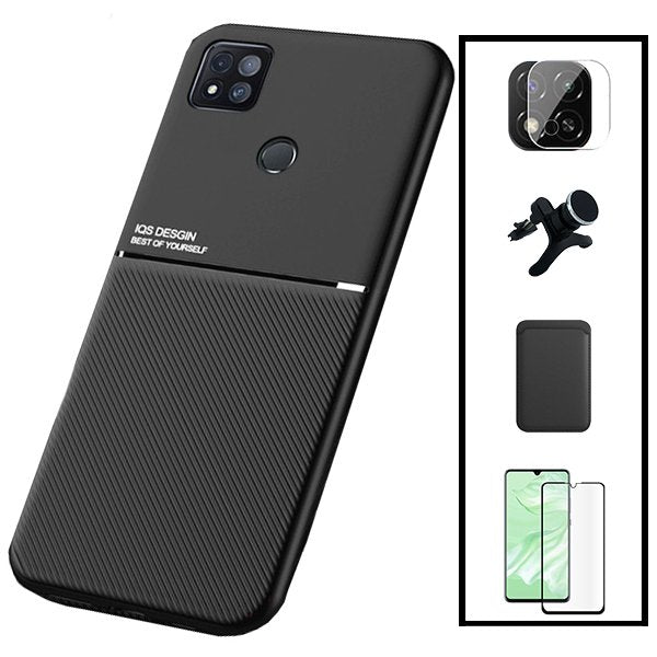 Kit Capa Magnetic Lux + Magnetic Wallet Preto + 5D Full Cover + Película de Câmara Traseira + Suporte Magnético de Carro Reforçado para Xiaomi Redmi 9 Activ