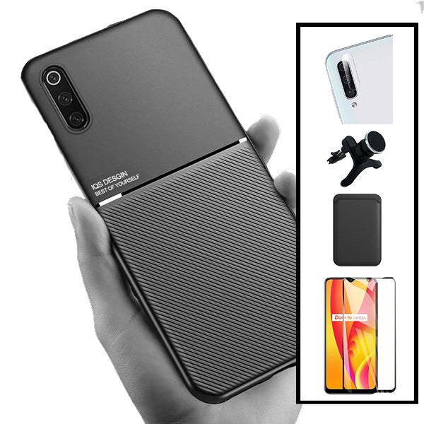 Kit Capa Magnetic Lux + Magnetic Wallet Preto + 5D Full Cover + Película de Câmara Traseira + Suporte Magnético de Carro Reforçado para Samsung Galaxy A50