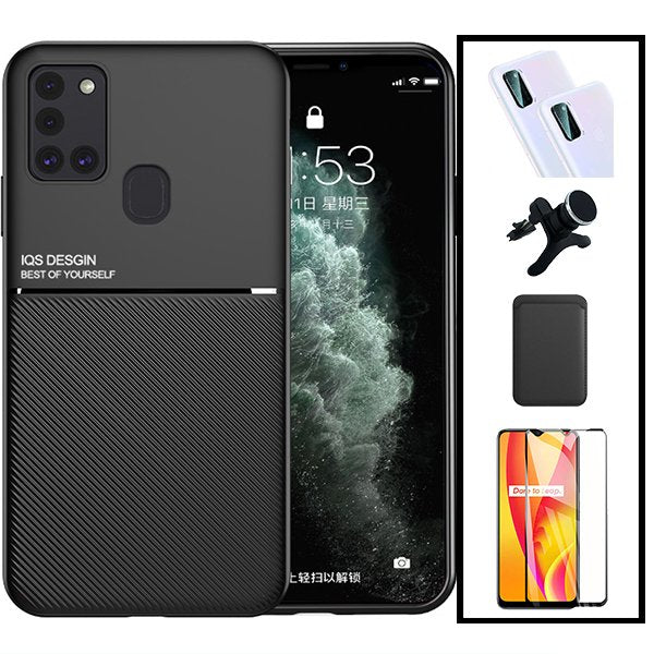 Kit Capa Magnetic Lux + Magnetic Wallet Preto + 5D Full Cover + Película de Câmara Traseira + Suporte Magnético de Carro Reforçado para Samsung Galaxy M30s