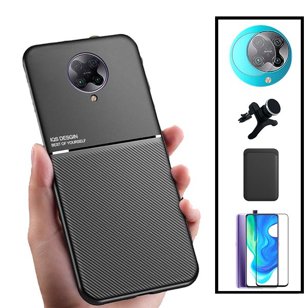 Kit Capa Magnetic Lux + Magnetic Wallet Preto + 5D Full Cover + Película de Câmara Traseira + Suporte Magnético de Carro Reforçado para Xiaomi Poco F2 Pro