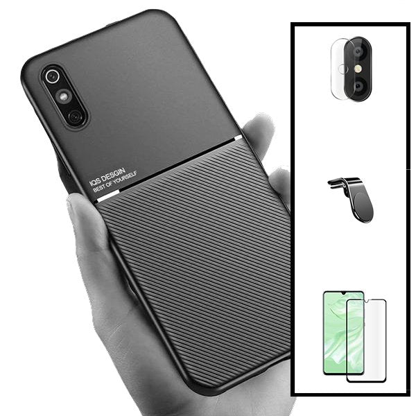 Kit Capa Magnetic Lux + 5D Full Cover + Película de Câmara Traseira + Suporte Magnético L Safe Driving para Xiaomi Redmi 9A Sport