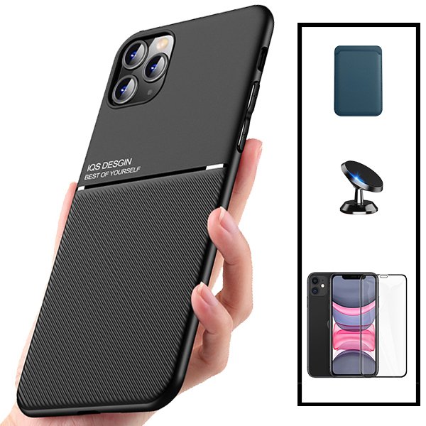 Kit Capa Magnetic Lux + Magnetic Wallet Azul + 5D Full Cover + Suporte Magnético de Carro para Apple iPhone 7 / 8 / SE 2020 / SE 2022