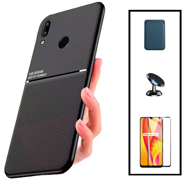 Kit Capa Magnetic Lux + Magnetic Wallet Azul + 5D Full Cover + Suporte Magnético de Carro para Huawei P Smart + Plus 2019