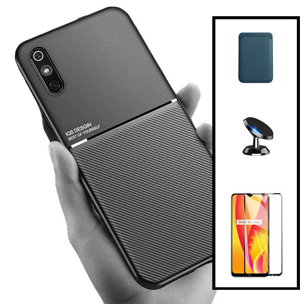Kit Capa Magnetic Lux + Magnetic Wallet Azul + 5D Full Cover + Suporte Magnético de Carro para Xiaomi Redmi 9A Sport