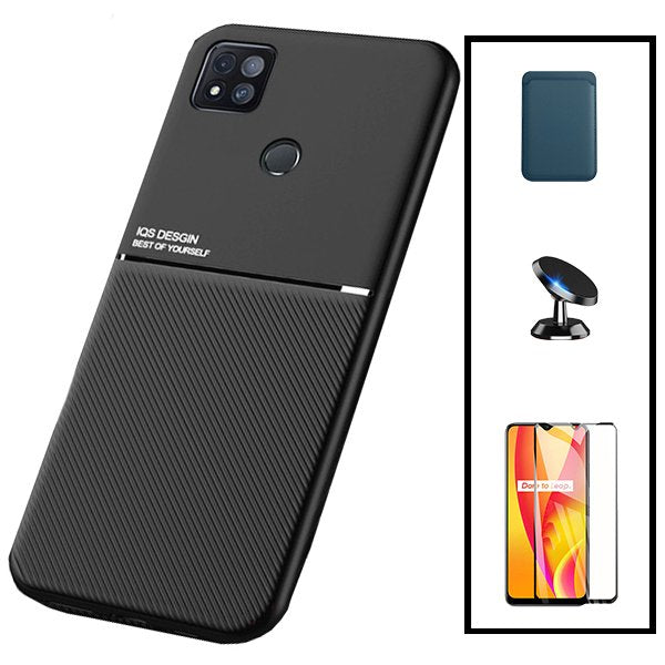 Kit Capa Magnetic Lux + Magnetic Wallet Azul + 5D Full Cover + Suporte Magnético de Carro para Xiaomi Redmi 9 Activ