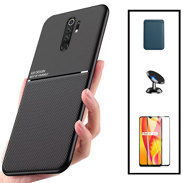 Kit Capa Magnetic Lux + Magnetic Wallet Azul + 5D Full Cover + Suporte Magnético de Carro para Xiaomi Redmi 9