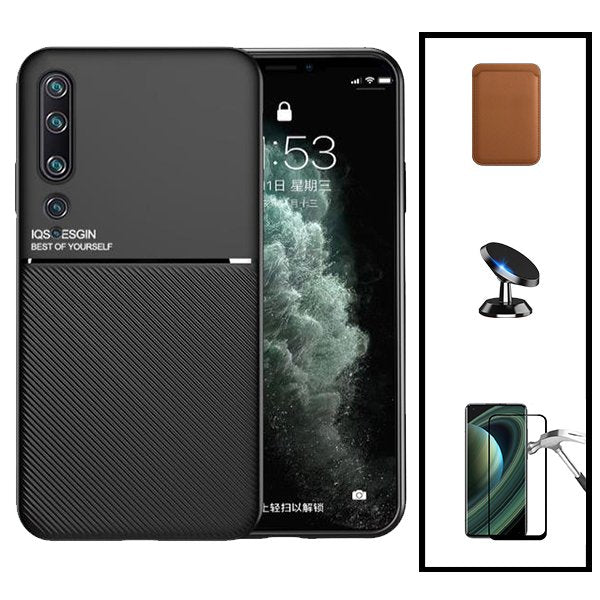 Kit Capa Magnetic Lux + Magnetic Wallet Castanho + 5D Full Cover + Suporte Magnético de Carro para Xiaomi Mi Note 10 Pro