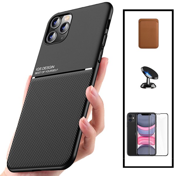 Kit Capa Magnetic Lux + Magnetic Wallet Castanho + 5D Full Cover + Suporte Magnético de Carro para Apple iPhone 11