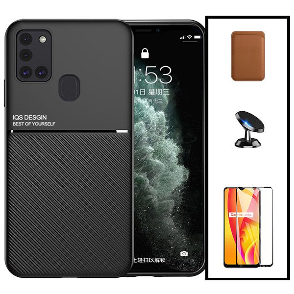 Kit Capa Magnetic Lux + Magnetic Wallet Castanho + 5D Full Cover + Suporte Magnético de Carro para Samsung Galaxy M30s