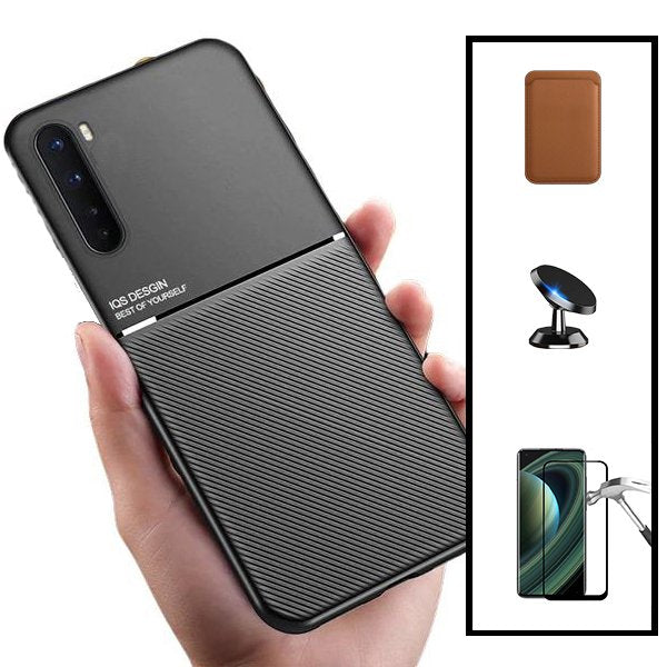 Kit Capa Magnetic Lux + Magnetic Wallet Castanho + 5D Full Cover + Suporte Magnético de Carro para Oppo Reno3