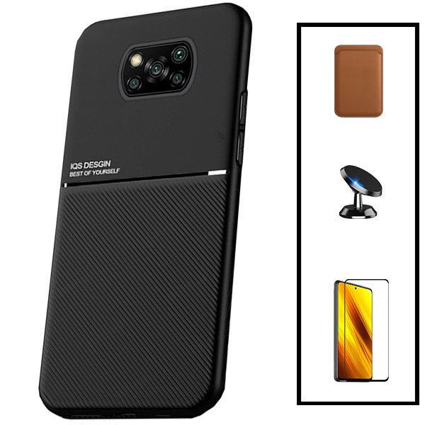 Kit Capa Magnetic Lux + Magnetic Wallet Castanho + 5D Full Cover + Suporte Magnético de Carro para Xiaomi Poco X3
