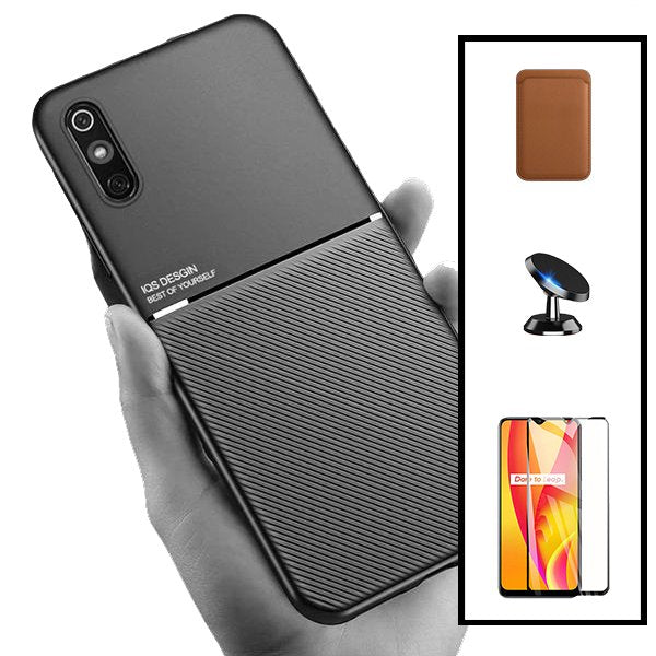 Kit Capa Magnetic Lux + Magnetic Wallet Castanho + 5D Full Cover + Suporte Magnético de Carro para Xiaomi Redmi 9i