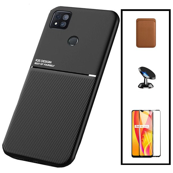 Kit Capa Magnetic Lux + Magnetic Wallet Castanho + 5D Full Cover + Suporte Magnético de Carro para Xiaomi Poco C31