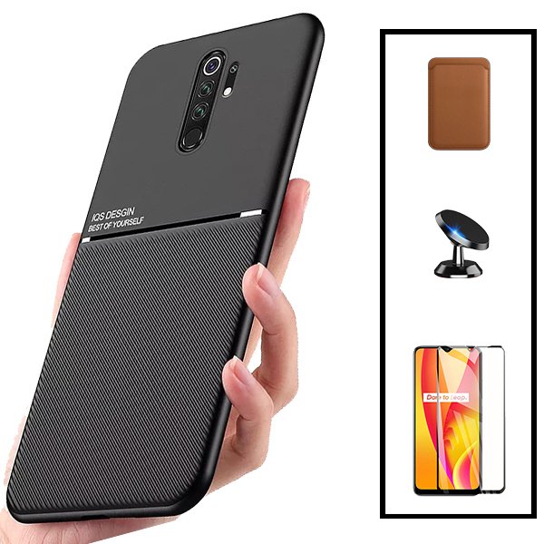 Kit Capa Magnetic Lux + Magnetic Wallet Castanho + 5D Full Cover + Suporte Magnético de Carro para Xiaomi Redmi 9