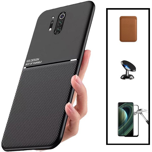 Kit Capa Magnetic Lux + Magnetic Wallet Castanho + 5D Full Cover + Suporte Magnético de Carro para OnePlus 8 Pro