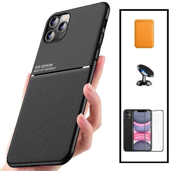 Kit Capa Magnetic Lux + Magnetic Wallet Laranja + 5D Full Cover + Suporte Magnético de Carro para Apple iPhone 12 Mini