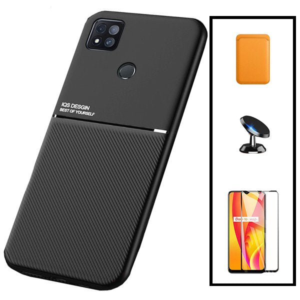Kit Capa Magnetic Lux + Magnetic Wallet Laranja + 5D Full Cover + Suporte Magnético de Carro para Xiaomi Redmi 9C