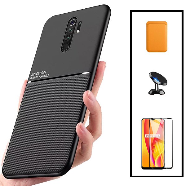 Kit Capa Magnetic Lux + Magnetic Wallet Laranja + 5D Full Cover + Suporte Magnético de Carro para Xiaomi Redmi 9