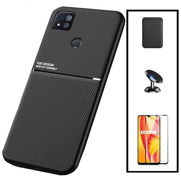 Kit Capa Magnetic Lux + Magnetic Wallet Preto + 5D Full Cover + Suporte Magnético de Carro para Xiaomi Redmi 9 Activ