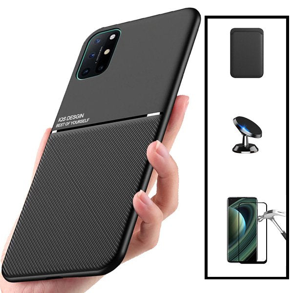 Kit Capa Magnetic Lux + Magnetic Wallet Preto + 5D Full Cover + Suporte Magnético de Carro para OnePlus 8T+ 5G