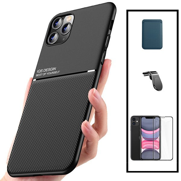 Kit Capa Magnetic Lux + Magnetic Wallet Azul + 5D Full Cover + Suporte Magnético L Safe Driving para Apple iPhone 11 Pro Max