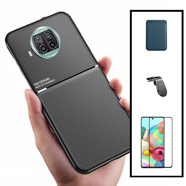 Kit Capa Magnetic Lux + Magnetic Wallet Azul + 5D Full Cover + Suporte Magnético L Safe Driving para Xiaomi Redmi Note 9 Pro 5G