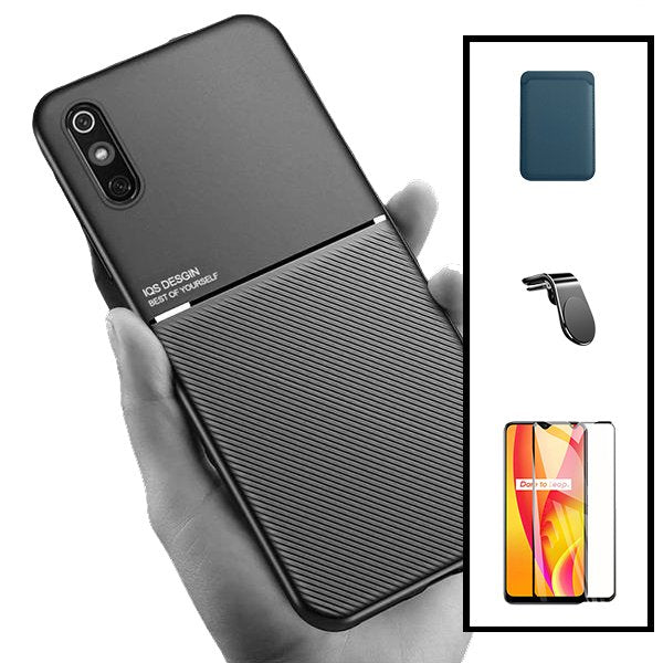 Kit Capa Magnetic Lux + Magnetic Wallet Azul + 5D Full Cover + Suporte Magnético L Safe Driving para Xiaomi Redmi 9A Sport