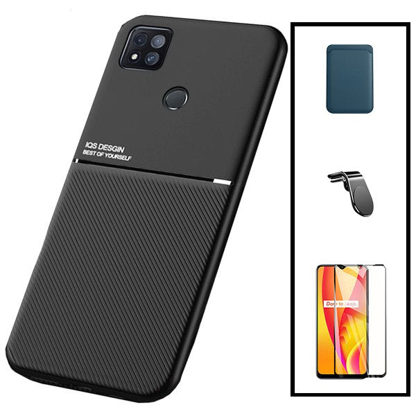 Kit Capa Magnetic Lux + Magnetic Wallet Azul + 5D Full Cover + Suporte Magnético L Safe Driving para Xiaomi Poco C31