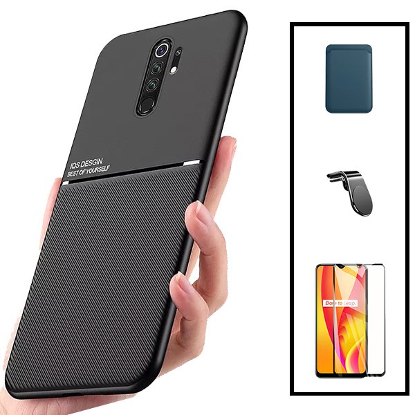 Kit Capa Magnetic Lux + Magnetic Wallet Azul + 5D Full Cover + Suporte Magnético L Safe Driving para Xiaomi Redmi 9
