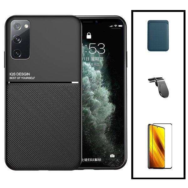 Kit Capa Magnetic Lux + Magnetic Wallet Azul + 5D Full Cover + Suporte Magnético L Safe Driving para Samsung Galaxy S20+