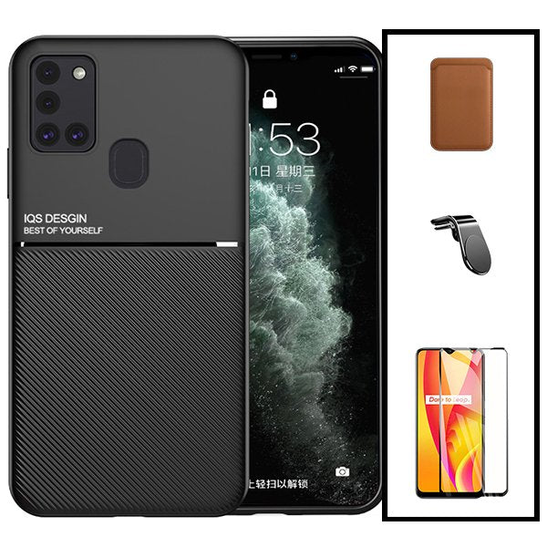 Kit Capa Magnetic Lux + Magnetic Wallet Castanho + 5D Full Cover + Suporte Magnético L Safe Driving para Samsung Galaxy M21