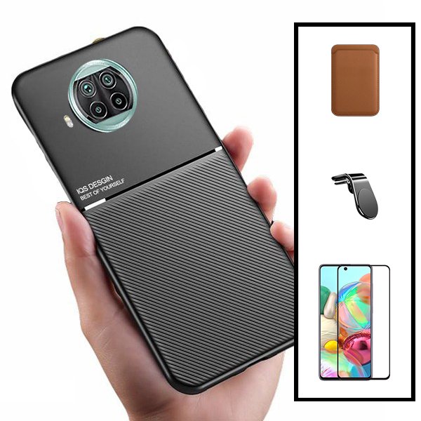 Kit Capa Magnetic Lux + Magnetic Wallet Castanho + 5D Full Cover + Suporte Magnético L Safe Driving para Xiaomi Redmi Note 9 Pro 5G