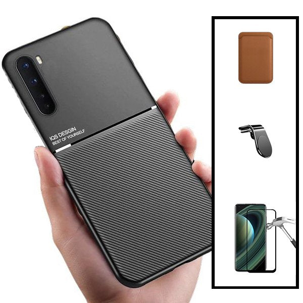 Kit Capa Magnetic Lux + Magnetic Wallet Castanho + 5D Full Cover + Suporte Magnético L Safe Driving para Realme X3 Super Zoom