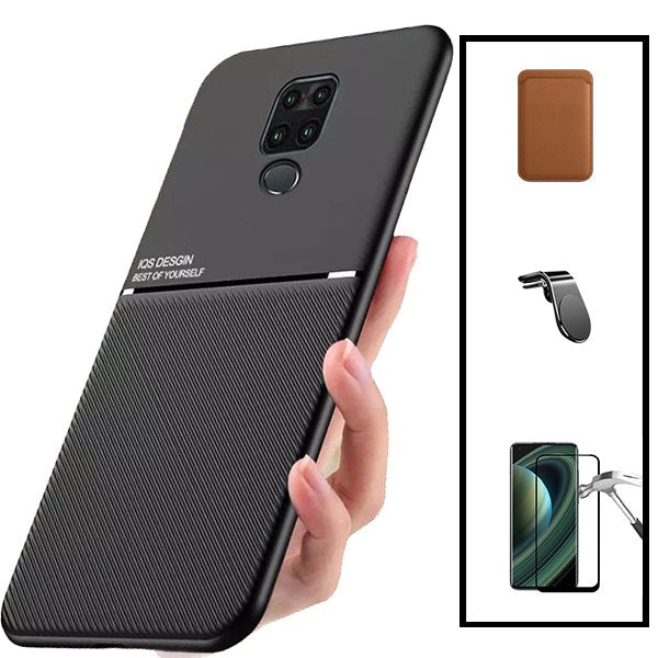 Kit Capa Magnetic Lux + Magnetic Wallet Castanho + 5D Full Cover + Suporte Magnético L Safe Driving para Xiaomi Redmi 10X 4G