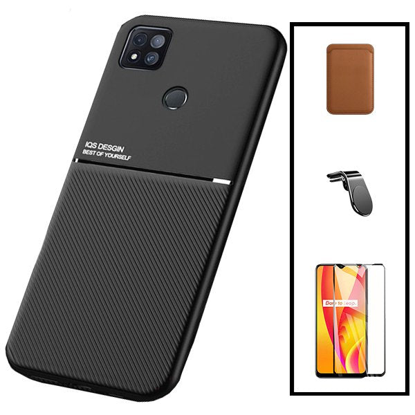 Kit Capa Magnetic Lux + Magnetic Wallet Castanho + 5D Full Cover + Suporte Magnético L Safe Driving para Xiaomi Poco C31