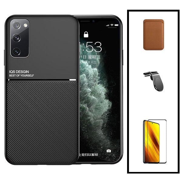 Kit Capa Magnetic Lux + Magnetic Wallet Castanho + 5D Full Cover + Suporte Magnético L Safe Driving para Samsung Galaxy Note 20 Ultra 5G