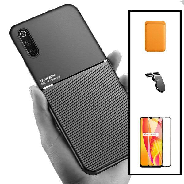 Kit Capa Magnetic Lux + Magnetic Wallet Laranja + 5D Full Cover + Suporte Magnético L Safe Driving para Samsung Galaxy A30s