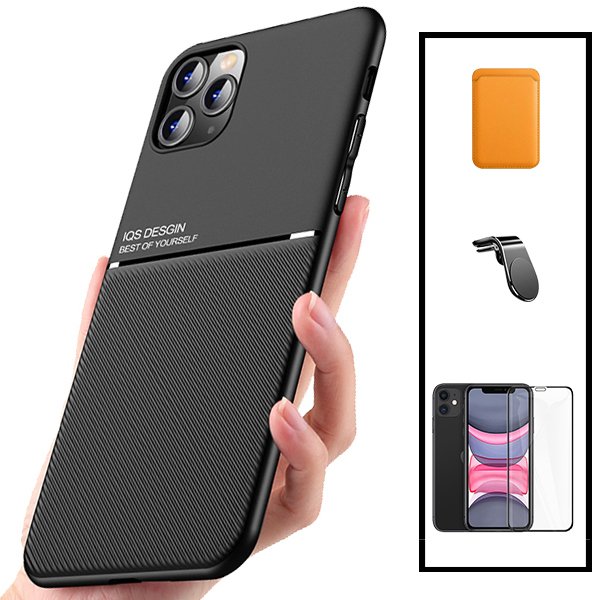 Kit Capa Magnetic Lux + Magnetic Wallet Laranja + 5D Full Cover + Suporte Magnético L Safe Driving para Xiaomi Mi 11 Lite