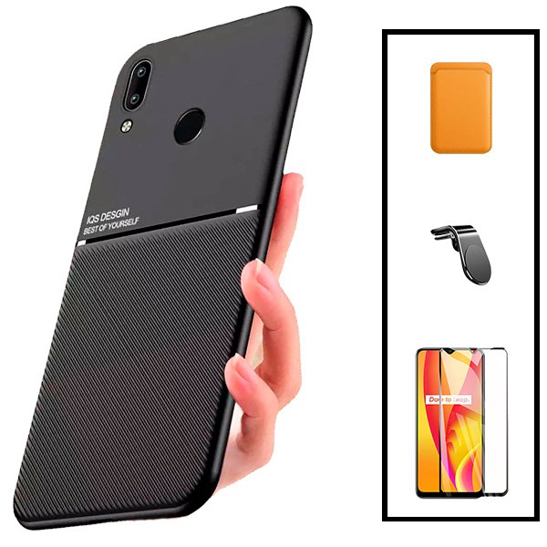 Kit Capa Magnetic Lux + Magnetic Wallet Laranja + 5D Full Cover + Suporte Magnético L Safe Driving para Huawei P Smart 2019