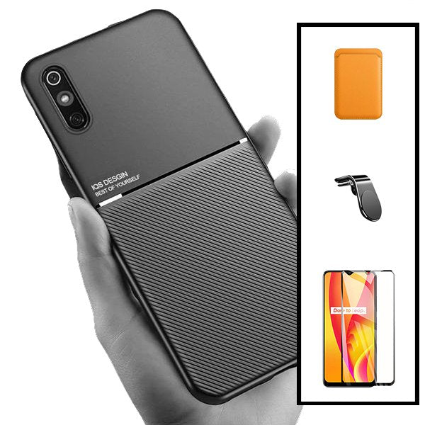 Kit Capa Magnetic Lux + Magnetic Wallet Laranja + 5D Full Cover + Suporte Magnético L Safe Driving para Xiaomi Redmi 9i