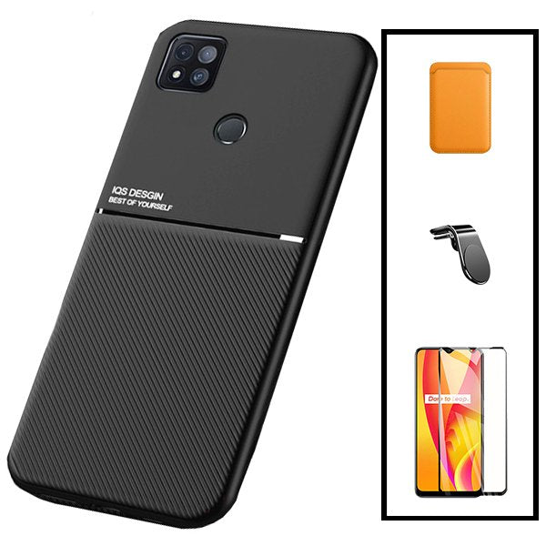 Kit Capa Magnetic Lux + Magnetic Wallet Laranja + 5D Full Cover + Suporte Magnético L Safe Driving para Xiaomi Redmi 9C