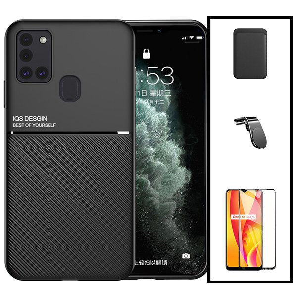 Kit Capa Magnetic Lux + Magnetic Wallet Preto + 5D Full Cover + Suporte Magnético L Safe Driving para Samsung Galaxy M30s