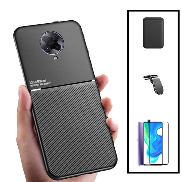 Kit Capa Magnetic Lux + Magnetic Wallet Preto + 5D Full Cover + Suporte Magnético L Safe Driving para Xiaomi Redmi K30 Ultra